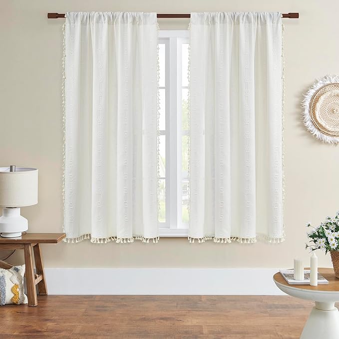 Boho Curtains for Bedroom Embroidery Striped Farmhouse Curtains 63 Inch Length 2 Pannels for Living Room Off White Linen Semi Sheer Rod Pocket Drapes(52" W x 63" L,White)