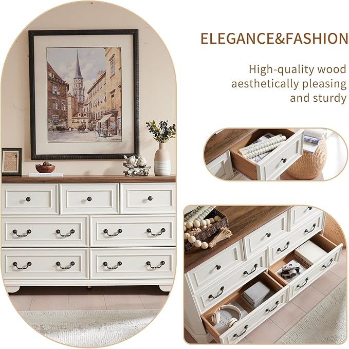 Farmhouse 7 Drawers Dresser for Bedroom, 54" Wide Modern Chest of Drawers with Metal Handle, Farmhouse Dresser TV Stand, Wood Drawer Organizer for Bedroom, Living Room, Hallway (White)