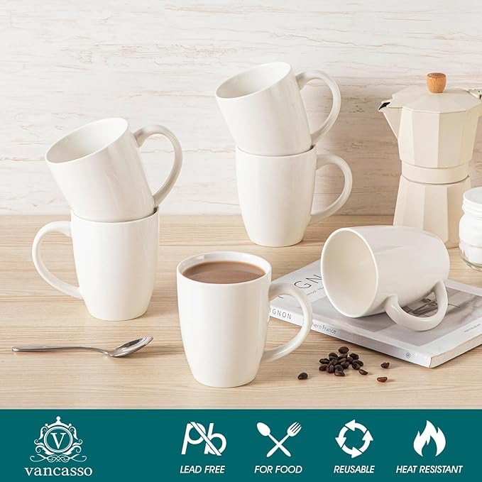 vancasso White Ceramic Coffee Mug Set of 6, 16 Oz Tea Cups with Handle for Latte, Tea, Cappuccino, Milk, Cocoa, Microwave&Dishwasher Safe