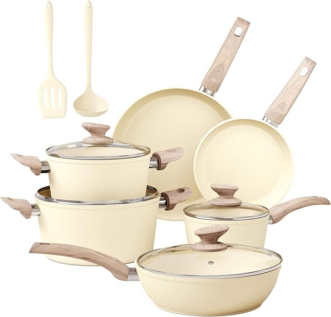 MAISON ARTS Pots and Pans Set Non Stick, Kitchen Cookware Sets Nonstick, 12 Piece Granite Cooking Pot and Pan for Induction, Stovetop, Beige