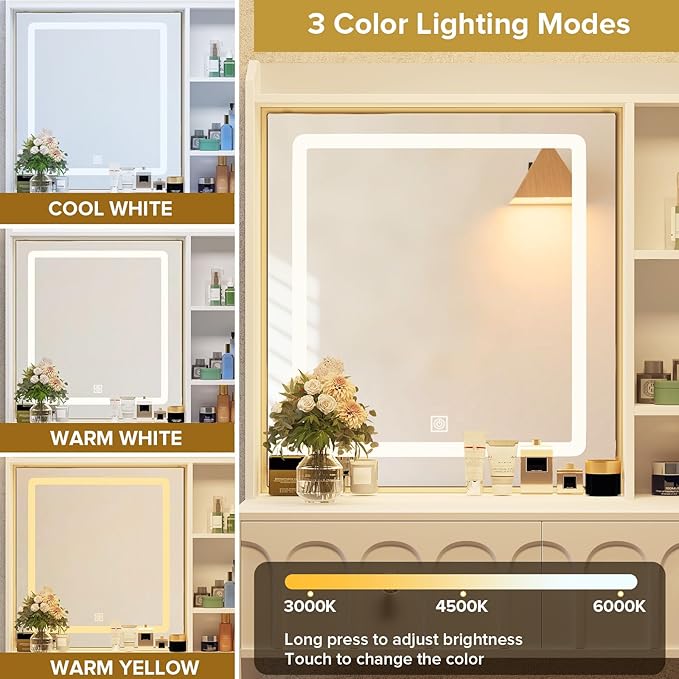 Vanity Desk with Mirror and Lights, Makeup Desk with 2 Drawers & Adjustable Shelves, Dressing Table with Charging Station for Bedroom. 3 Adjustable Light Modes