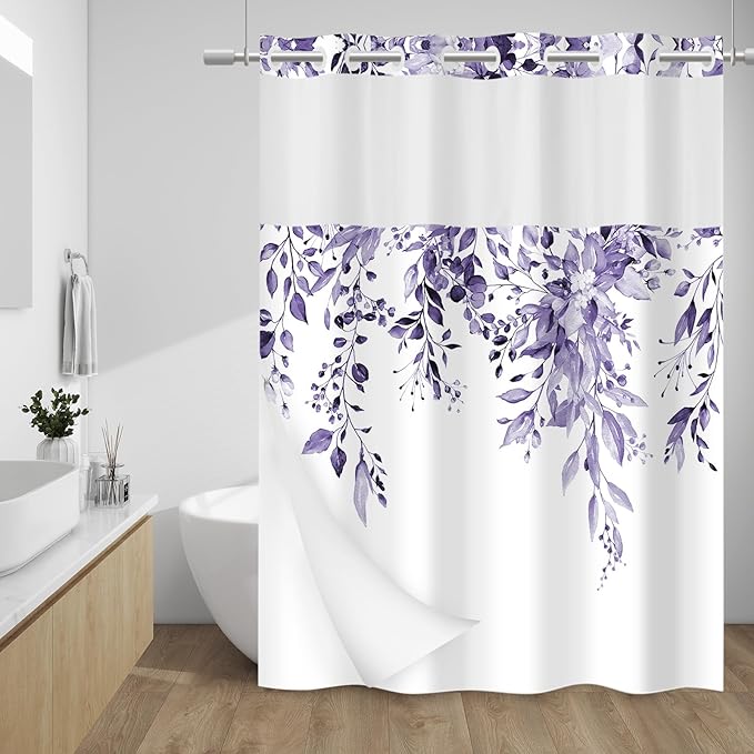 No Hook Shower Curtain with Snap in Liner - Eucalyptus Shower Curtain - Washable Waterproof Inner Liner, Plants Purple Leaves Modern Shower Curtains - Machine Washable, 71 x 74