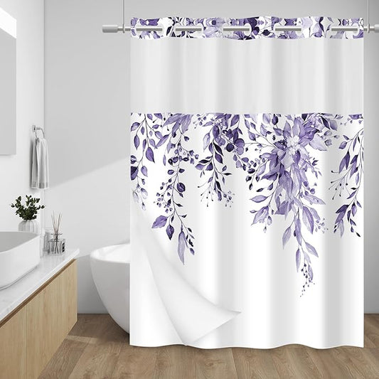 No Hook Shower Curtain with Snap in Liner - Eucalyptus Shower Curtain - Washable Waterproof Inner Liner, Plants Purple Leaves Modern Shower Curtains - Machine Washable, 71 x 74