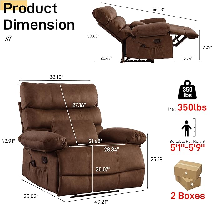 Oversized Power Recliner Chair 350lb with Hidable Cup Holders, Extra Wide Large Big Electric Recliner Chair with Lumbar Support Pillow Nursery Chair Living Room (Manual, BROWN-6002-1)