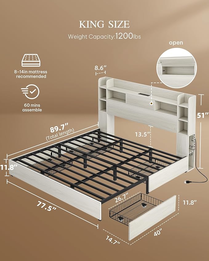 YITAHOME King Bed Frame with Bookcase Headboard and 4 Storage Drawers, RGB LED Light Bed with Type-C & USB Charging Station Storage Headboard Bed Frame, No Box Spring Needed, Noise Free, Antique White