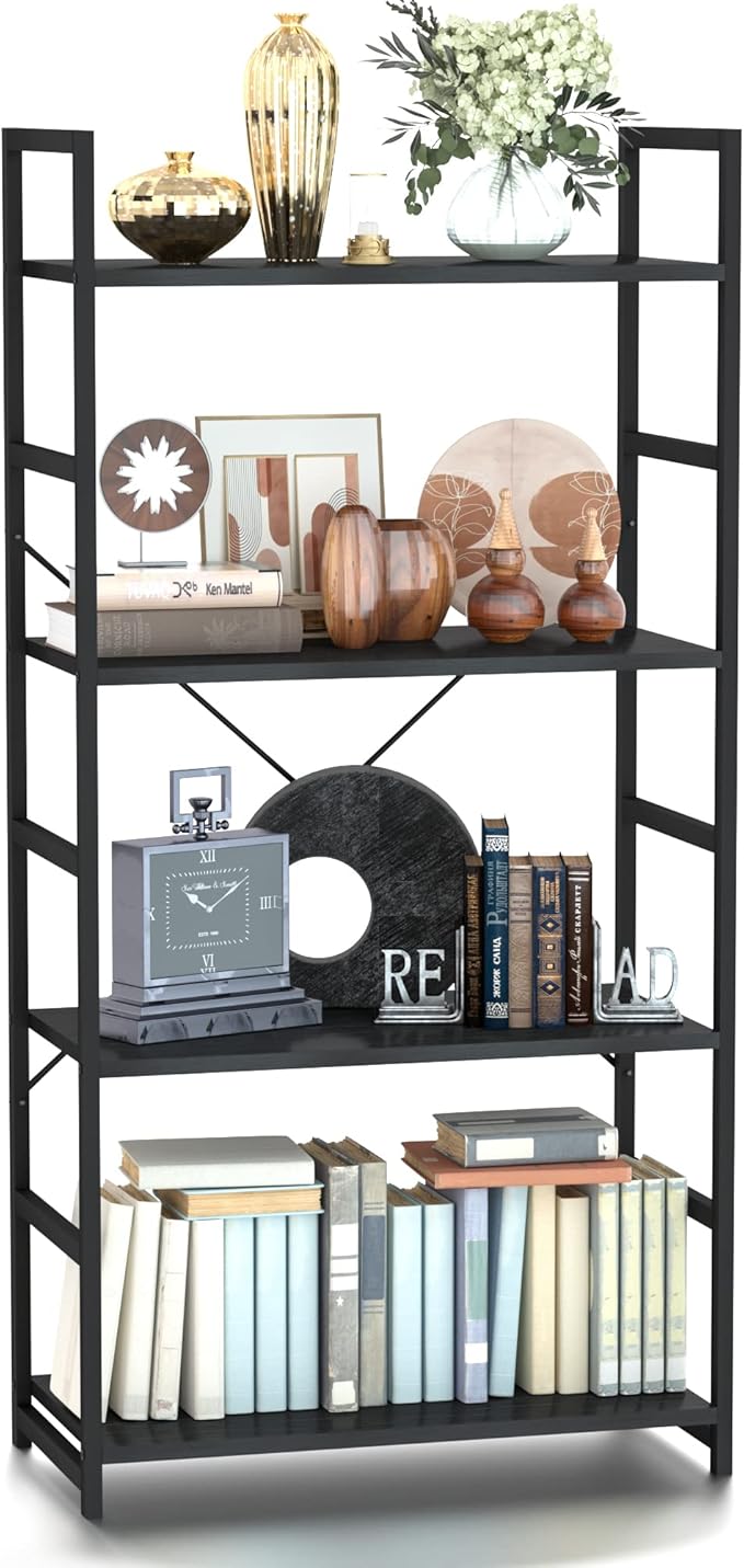 NUMENN 4 Tier Bookshelf, Tall Bookcase Shelf Storage Organizer, Modern Book Shelf for Bedroom, Living Room and Home Office, Black