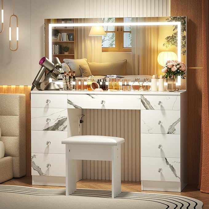 VOWNER Vanity with Lighted Mirror - 47" Makeup Vanity Desk with 9 Drawers and Power Outlet, 3 Color Lighting Modes Adjustable Brightness, Makeup Desk with Soft Cushioned Stool for Bedroom, Marble