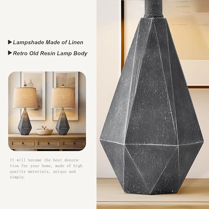 PoKat 20.25" Rustic Farmhouse Table Lamp Sets of 2 for Living Room Bedroom Deep Grey Contemporary Classic Bedside Nightstand Lamp with White Fabric Shade, Suitable for Small Place