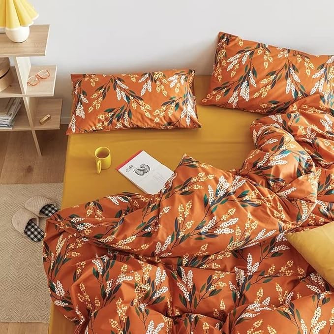 Luxlovery Floral Comforter Set Twin Botanical Orange Bohemian Bedding Comforter Set Women Girls Vintage Style Blanket Quilts Breathable Modern Rustic Leaves Bedding Set Hotel Quality Twin Comforter