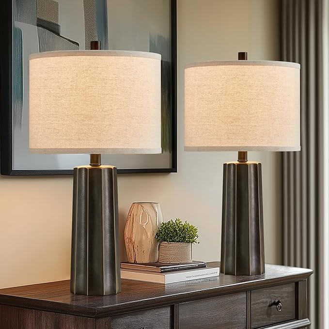 RORIANO Set of 2 Vintage Table Lamps for Bedroom Living Room, 24'' Traditional Farmhouse Resin Desk Lamps Rustic Modern Nightstand Bedside Lamps for Home Office Entryway, 2 Bulbs Included (Black)