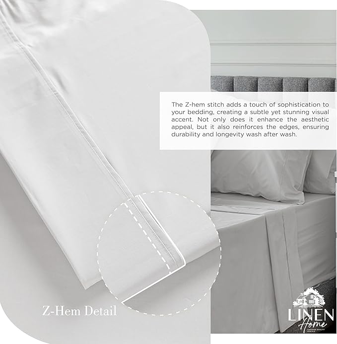 Linen Home 100% Cotton Percale Sheets King Size, Silver, Deep Pocket, 4 Pieces Set - 1 Flat, 1 Deep Pocket Fitted Sheet and 2 Pillowcases, Crisp Cool and Strong Bed Linen