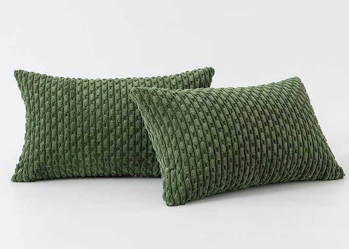 Kevin Textile Throw Pillow Covers Soft Corduroy Decorative Set of 2 Boho Striped Pillow Covers Pillowcases Farmhouse Home Decor for Couch Bed Sofa Living Room 12x20 Inch Moss Green