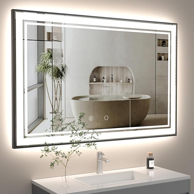 55" x 36" LED Bathroom Mirror with Lights Framed LED Mirror for Bathroom Backlit and Front Lighted Bathroom Mirror Black Square Aluminum Frame Anti-Fog Dimmable Adjustable Shatter-Proof