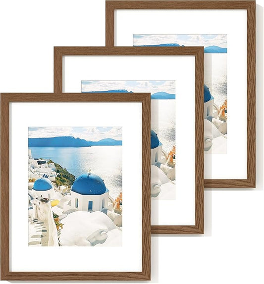 Axeman 11x14 Picture Frame with Mat for 8x10, Solid Oak Wood Picture Frames with Tempered Glass, Natural Wooden 11x14 inch Photo Frame for Wall with Wall Hook Included, Set of 3, Walnut