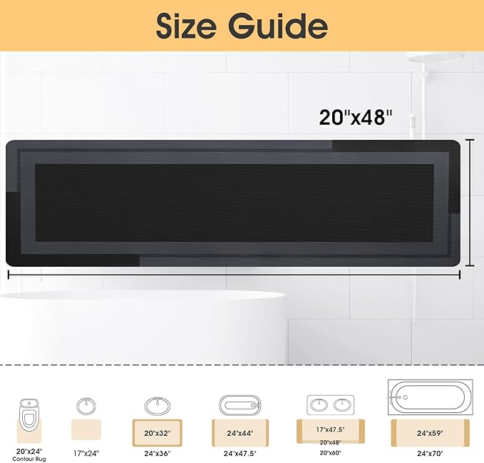 Ultra Thin Bath Mats Fit Under Door, Upgrade Backing Non Slip Bath Mat, Quick Dry Ultra Absorbent Bath Mat, Machine Washable Bathroom Rugs for Bathroom Floor, Bathtub, Kitchen, Black, 48"x20"