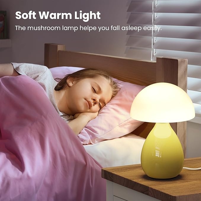 Mushroom Lamp Bedside, Mini Modern Lamp Small Vintage Table Nightstand Light, Small Light Dimmable for Bedroom, Living Room, Ceramic Base Glass Led Home Decor for Woman Children Gift