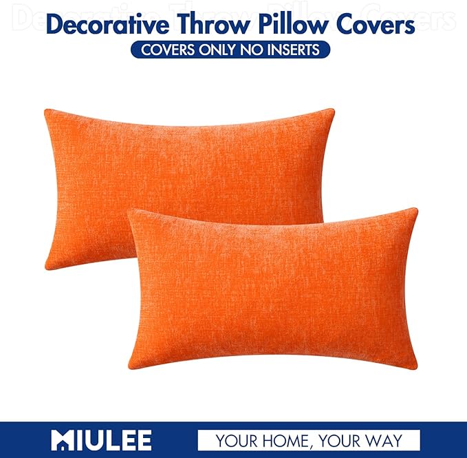 MIULEE Fall Pack of 2 Bright Orange Throw Pillow Covers 12x20 Inch Soft Chenille Pillow Covers for Sofa Living Room Couch Solid Dyed Cases