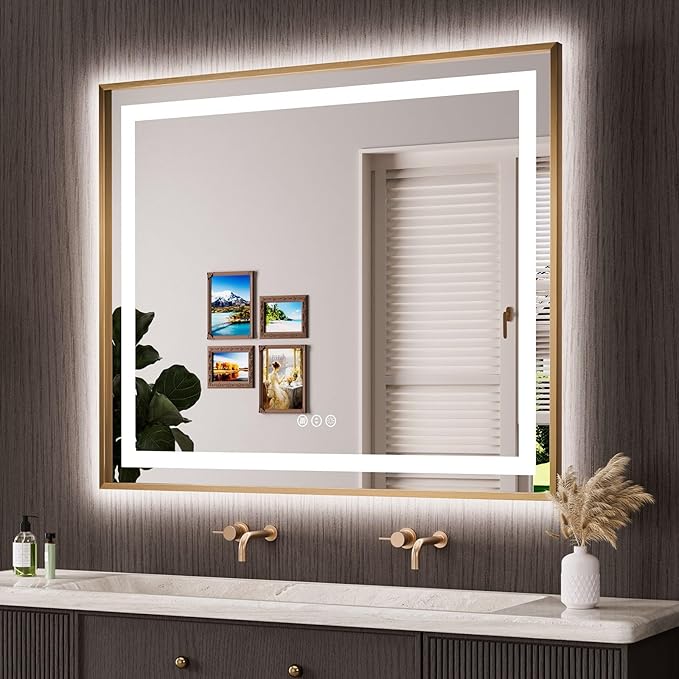 Amorho 48"x 40" Gold LED Bathroom Mirror, Metal Framed Mirror with Front Light and Backlit, Stepless Dimmable, Anti-Fog, Shatter-Proof, Memory, 3 Colors