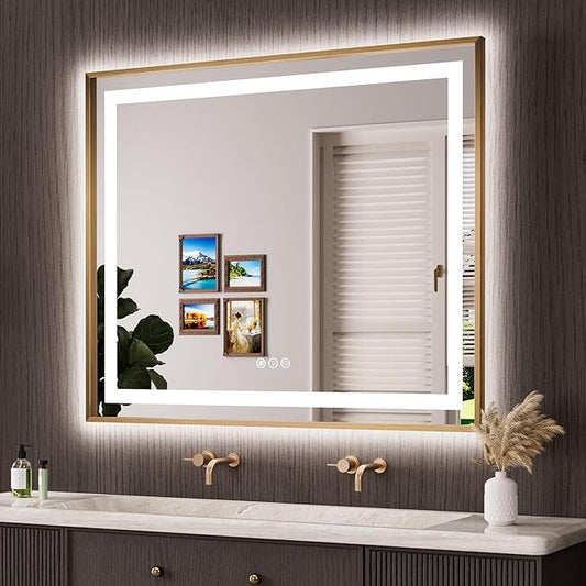 Amorho 48"x 40" Gold LED Bathroom Mirror, Metal Framed Mirror with Front Light and Backlit, Stepless Dimmable, Anti-Fog, Shatter-Proof, Memory, 3 Colors