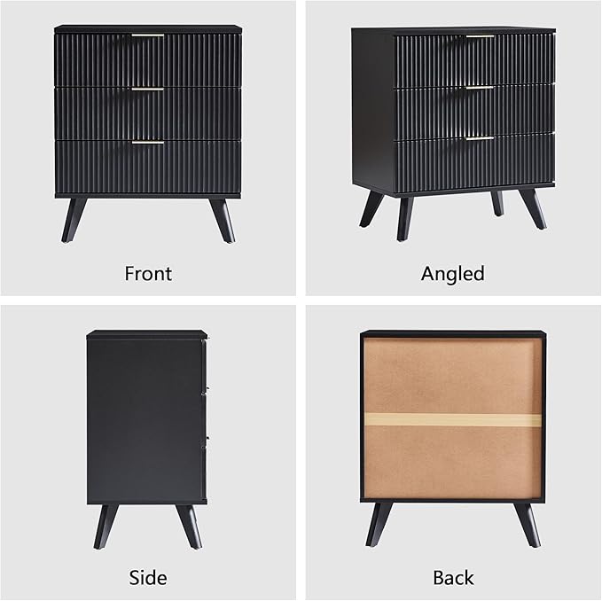 Fluted 3 Drawer Dressers, Modern Closet Dressers Chest of Drawers, Wood Storage Dresser Chest of Drawers Organizer for Bedroom Living Room Hallway Closet,Black, 2 Sets