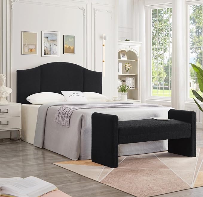 24KF Middle Century Upholstered Foldable Queen/Full Headboard - Modern Boucle Teddy Fabric, Black (6033-Q)
