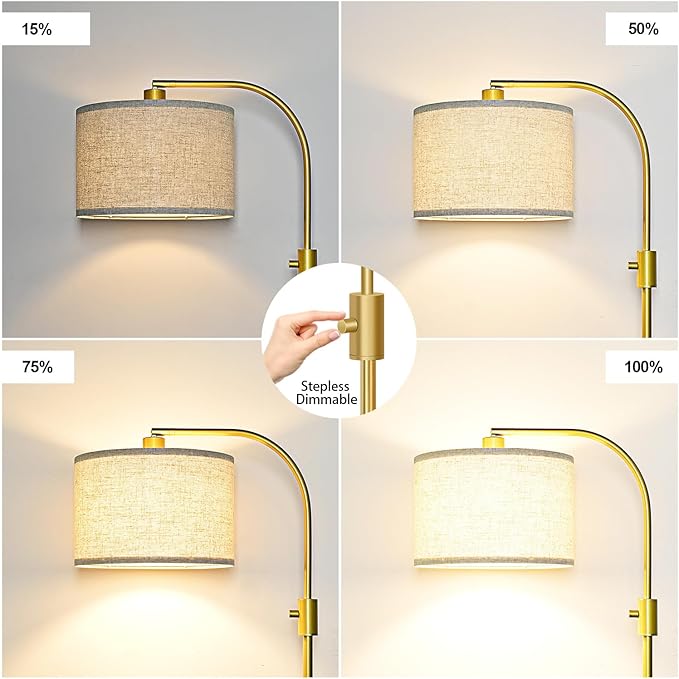 【Upgraded】 Dimmable Gold Floor Lamp, 1200 Lumens LED Bulb Included, Arc Floor Lamps for Living Room Modern Standing Lamp with Linen Shade, Tall Lamp for Living Room Bedroom Office Reading Room Nursery