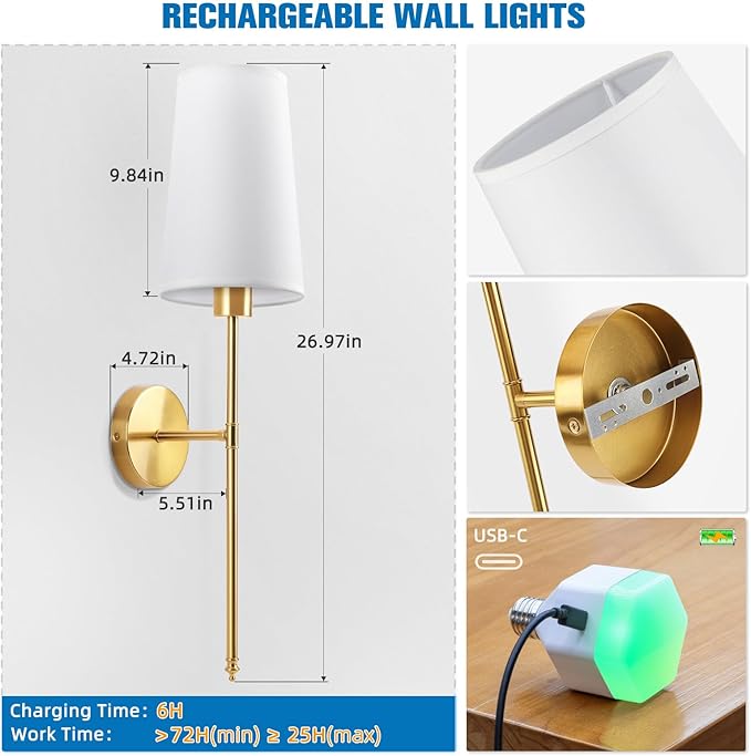 NIORSUN Gold Battery Operated Wall Sconce Set of 2,Rechargeable Wall Lights with 5200mAh Dimmable Detachable Bulbs and Remote,9 Colors Wireless Sconces for Bedroom Living Room Hallway