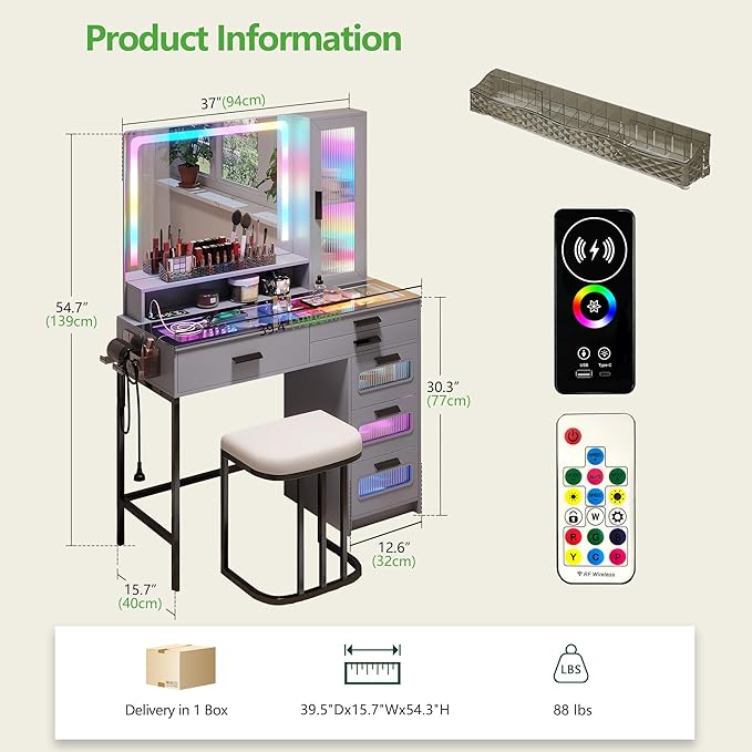 HENBC Vanity with Mirror and LED Lights, Glass Top Vanity Desk with Charging Station(Wireless+USB+Type-C), RGB Makeup Table Set with Stool/Makeup Organizer/6 Drawers for Bedroom,Grey