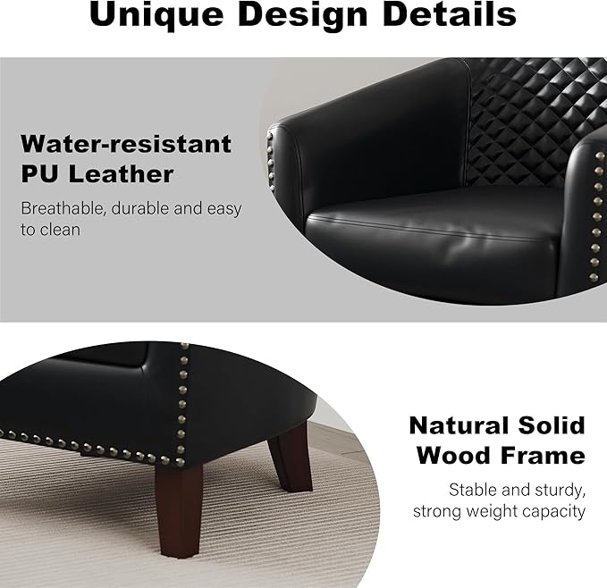 Accent Barrel Chair, Upholstered Faux Leather Club Chair with Nailed Trim, Comfy Reading Armchair for Living Room Bedroom Reception Room Office (Black, Set of 4)