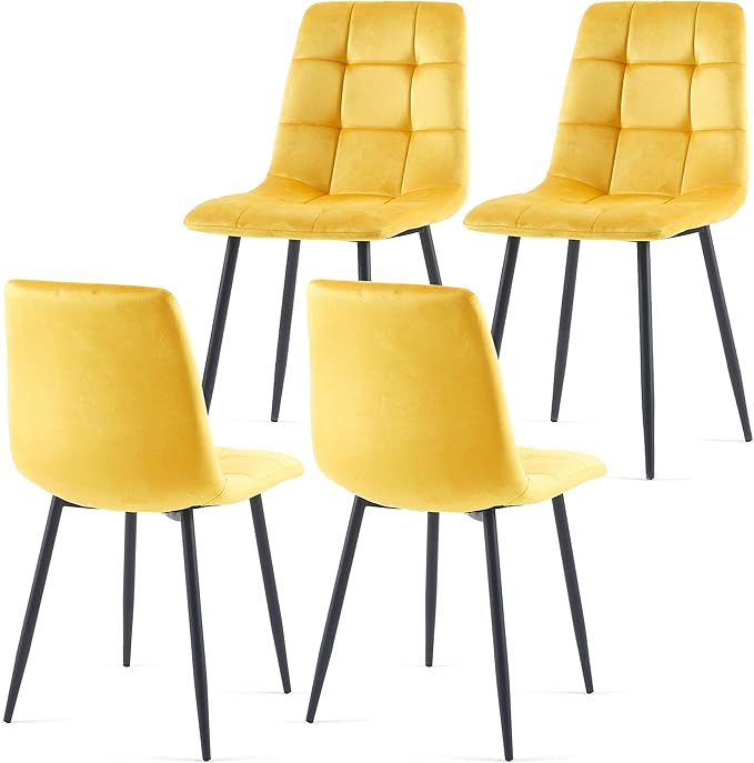 Modern Dining Chair Velvet Set of 4,Upholstered Living Room Chair with No Arms Side Chair High-Back Space Savining Accent Chair with Metal Legs for Dining Room,Living Room, Yellow