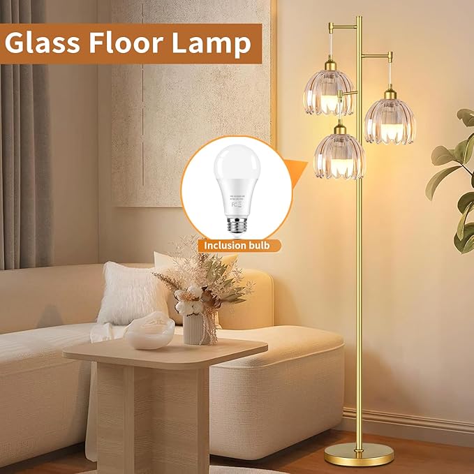 Gold Floor Lamps for Living Room Bedroom-3 Light Glass Floor Lamp with Three Led Bulb, Rustic Tall Floor Lamp Gold Standing Lamp Tree Floor Lamps for Living Room Bedroom,Office,Corner