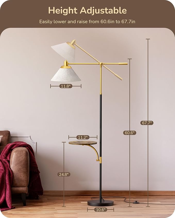 EDISHINE 68" Arc Floor Lamp with Table, Vintage Standing Lamp for Living Room with Tray, Height Adjustable, 5 Color Temperatures LED Bulb Included, Beige Shade, for Bedroom Office, Wood Grain