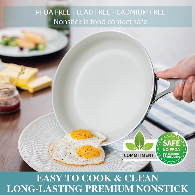 Kitchen Pots and Pans Set Non Stick, 11 Pcs Ceramic Cookware Set with Stay-Cool Handle, Pot and Pan Set NonToxic PFOA/PFAS Free, Dishwasher/Oven Safe, Evenly Heats, Enamel Exterior - Teal