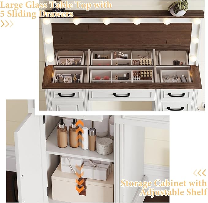 55" Farmhouse Vanity Desk with Large Mirror & Lights, Glass Top Large Makeup Vanity Table with 10 Hollywood Lights Bulbs, Charging Station, 5 Drawers, Dressing Table for Bedroom, Rustic White