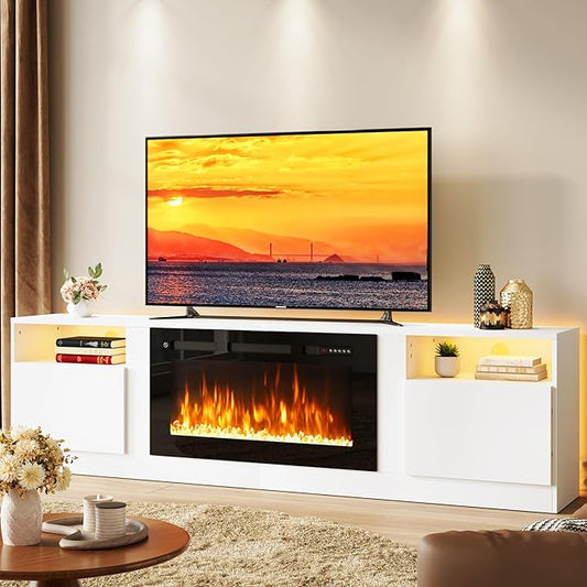oneinmil 80” TV Stand with 36” Electric Fireplace, Large Modern Media Entertainment Center with Storage Cabinet and 12 Colors LED Lights for TVs Up to 90", White TV Stand and Black Fireplace