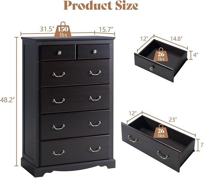 AMERLIFE Farmhouse 6 Drawers Dresser for Bedroom, Wood Antique Chest of Drawers with Metal Handle, Tall Dresser Organizer for Hallway, Entryway, Espresso