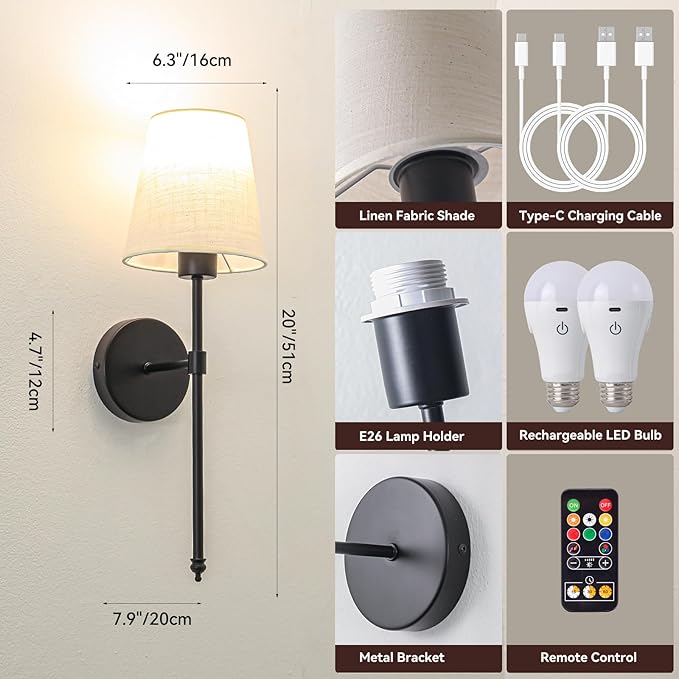 Wall Lights Battery Operated Wall Sconces Set of 2, Rechargeable Wall Sconce with Dimmable Bulbs and Remote, Black Wireless Wall Lamps Battery Powered with Fabric Shade