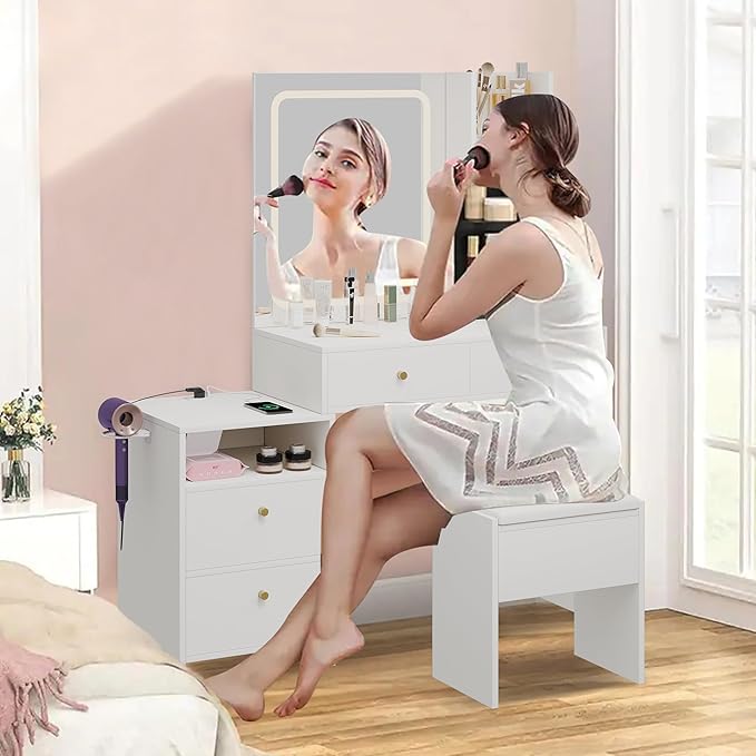HAOBO Home Vanity Desk with Mirror and Lights, Makeup Vanity with Stool and Drawers Dressing Table with Power Outlet for Bedroom