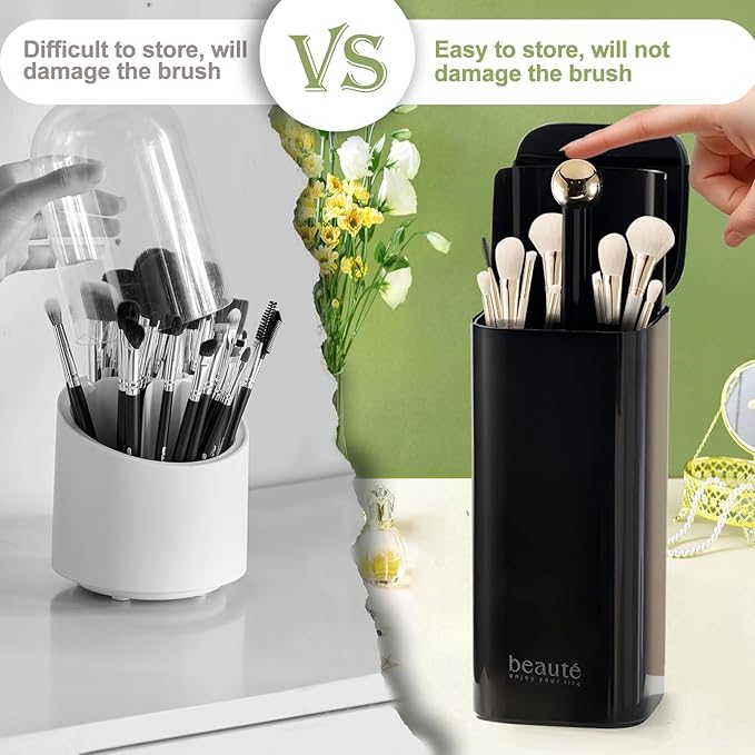 DASITON Makeup Brush Holder with Lid,4 Slots Makeup Brush Organizer,Automatic Lifting Makeup Cosmetics Organizer,for Vanity Decor,Bathroom Countertop,Dustproof Cosmetic Brushes Container(Gold-Black)