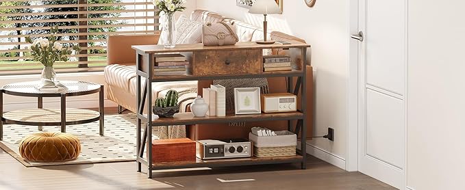 Mexin Console Table with Outlets and USB Ports, Entryway Table with Drawer Storage Shelves, Industrial Wood Hallway Sofa Table for Living Room, Couch, Foyer, Kitchen Counter, 39 Inch, Vintage Brown