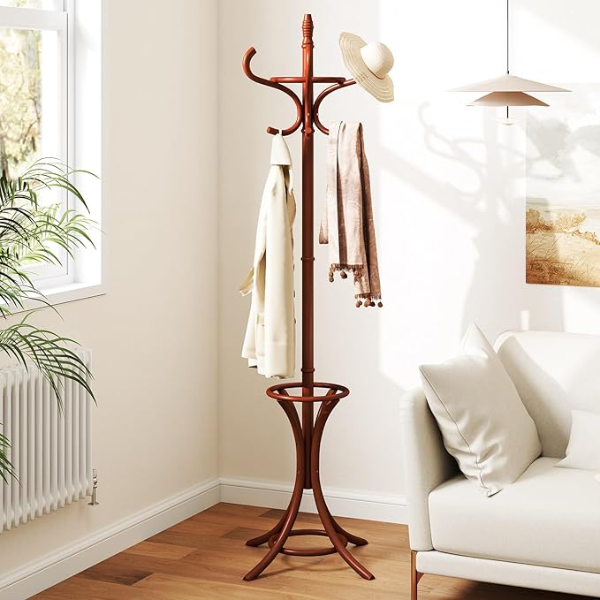 Tangkula Coat Rack with Umbrella Holder, 73 Inch Freestanding Coat Hanger Stand with 12 Hooks, Wooden Entryway Coat Tree for Clothes, Bags, Hats, Scarves, Living Room, Bedroom, Hallway (Reddish Brown)