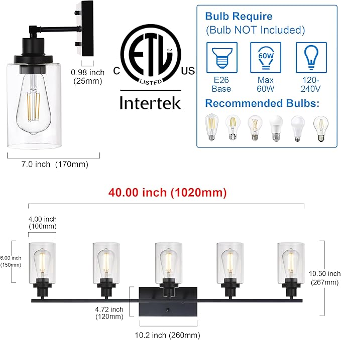 MELUCEE 40 Inches Length 5-Light Bathroom Vanity Light Fixtures Black Industrial Wall Sconce Lighting with Clear Glass Shade for Living Room Bedroom Hallway Kitchen (Patent No.: US D963914 S)