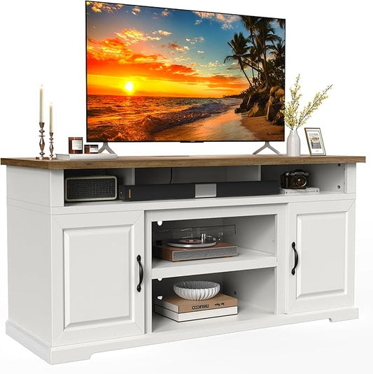 Marsail Modern Farmhouse TV Stand, Entertainment Center with Storage Cabinets, Adjustable Shelves and Power Outlets for Televisions up to 80 Inch, TV Console Table for Living Room, Brown&White
