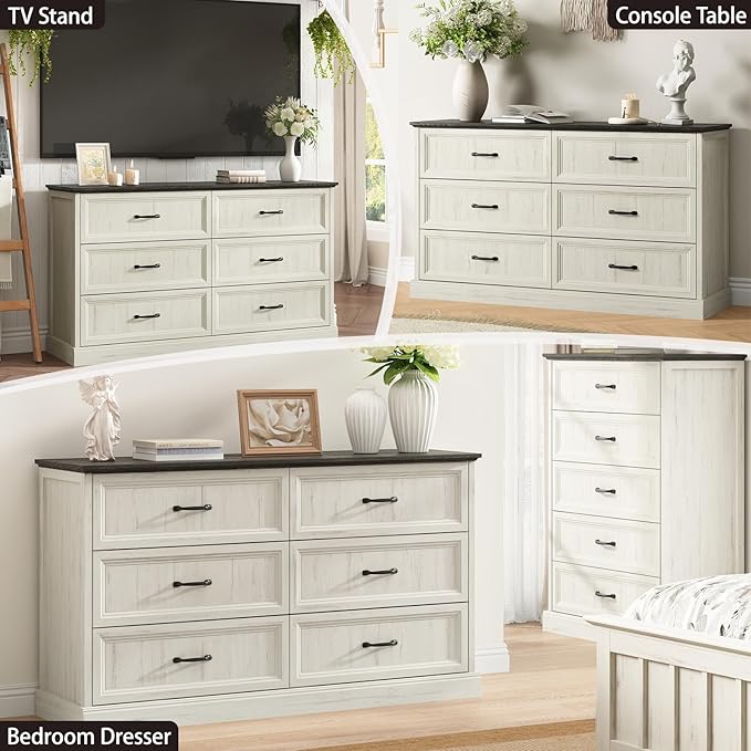 Farmhouse 6 Drawer Dresser for Bedroom, 55 Inch Wide Modern White Dresser TV Stand with Large Drawers & Bar Handles, Rustic Wood Chest of Drawers for Bedroom, Living Room, Hallway, Entryway.