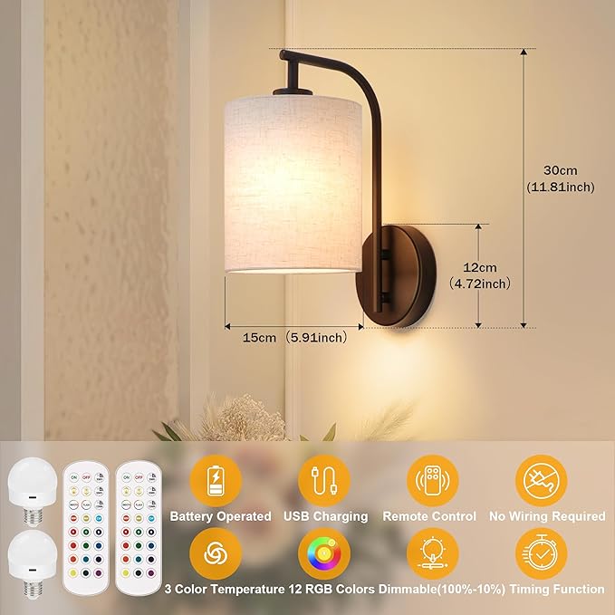 Battery Operated Wall Sconce Set of 2, Black Rechargeable Wireless Wall Light Fixture with Remote, 12 RGB Colors & Timer, Indoor Dimmable Wall Lamp with Linen Shade