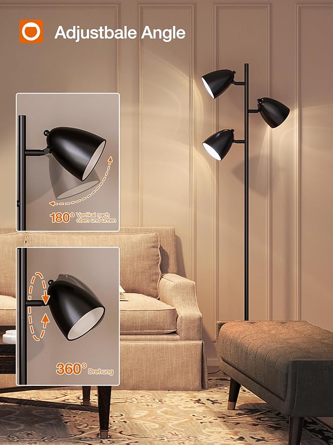 addlon Tree Floor Lamp with Remote, 3 Adjustable Rotating Light and Matching LED Bulbs, Standing Tall Pole Lamps for Living Room, Bedroom, Home, Office - Black