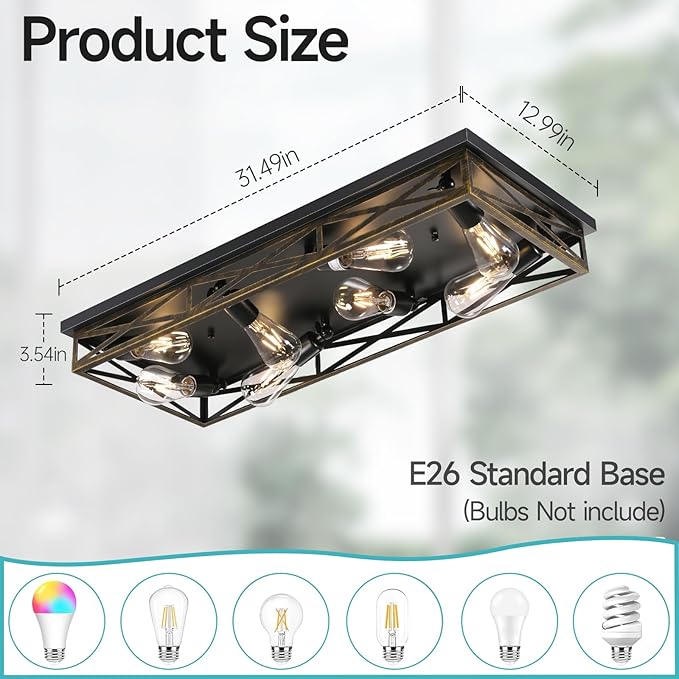 Rustic Flush Mount Ceiling Light Fixtures for Hallway, 8-Light Kitchen Light Fixtures,31" Industrial Metal Cage Ceiling Light for Farmhouse,Kitchen,Hallway E26 Base(1 Pack)