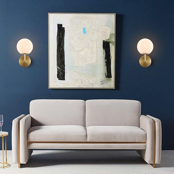 Modern Wall Sconce Industrial Mid Century Bathroom Vanity Wall Light with White Globe Glass Lampshade Brushed Brass Finished Lighting Fixture (Gold Color)