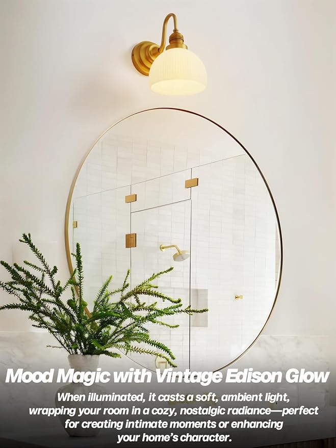 Gold Wall Sconces,Hardwire Bathroom Vanity Light with Striped Bowl Milk Glass Vintage Brass Wall Mounted lamp Lights for Bathroom Mirror Living Room Bedroom Kitchen E26 Indoor