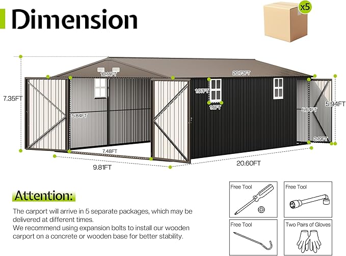 Jocisland 10.1x20.7x7.3 FT Heavy Duty Carport, Metal carport with 2 Lockable Doors & 4 Windows, Carport Canopy for for Car, Midsize SUV, Garbage Can, Tool, Lawnmower, Dark Gray